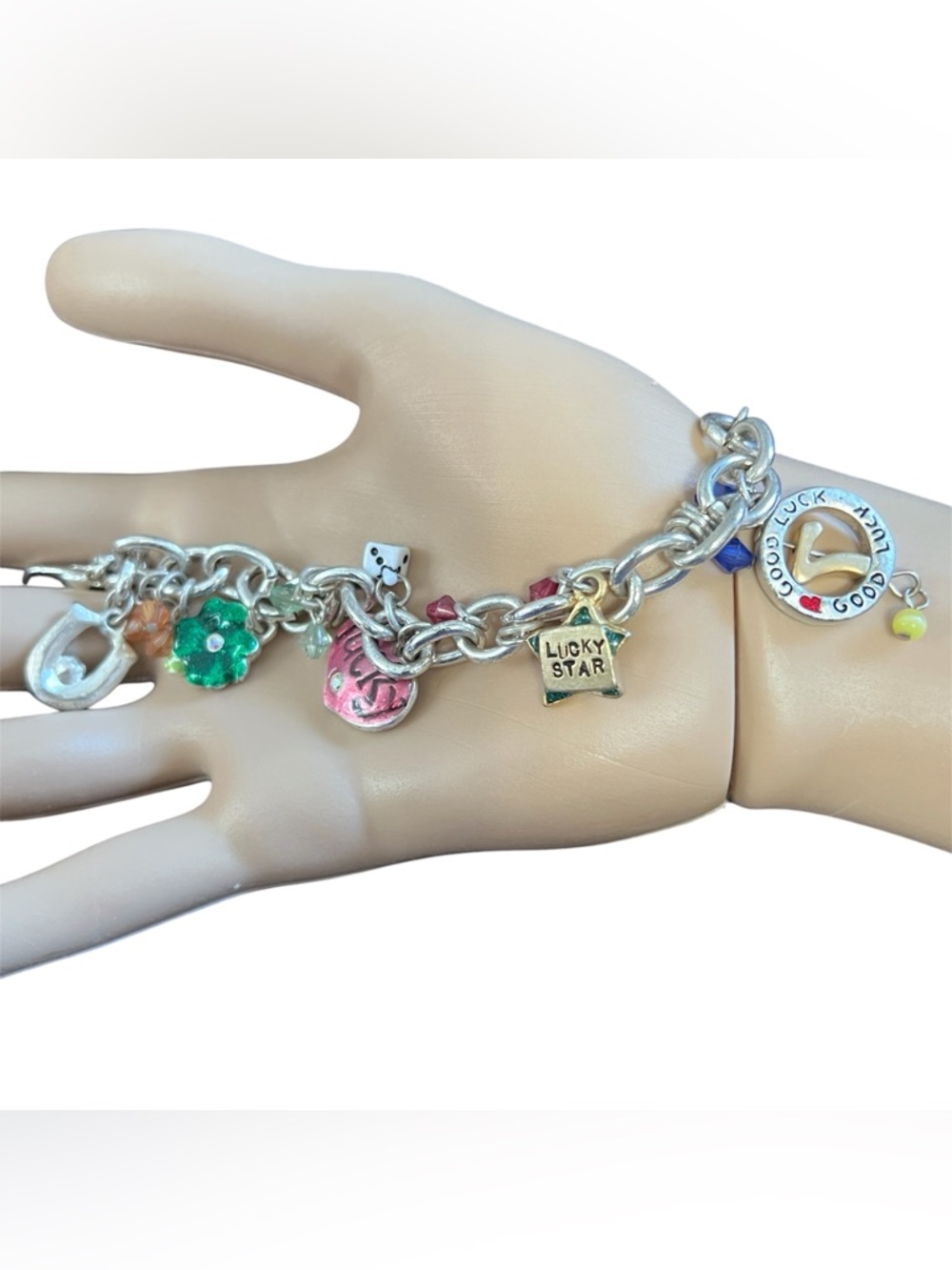 Silver Tone 'Lucky Star' Charm Bracelet with Pink & Green Accents